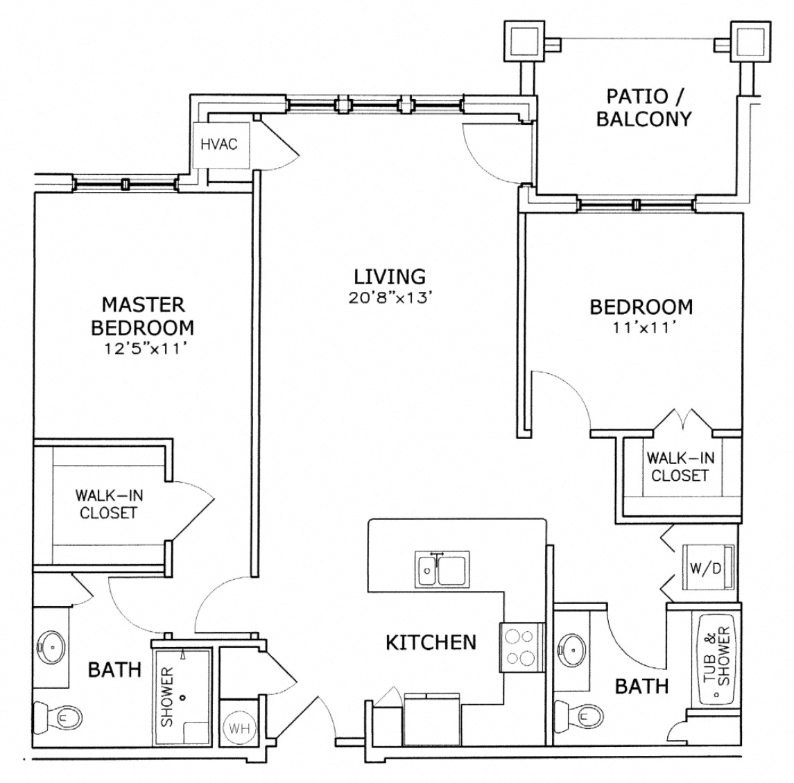 Floor plan for 2 beds, 2 baths, 1053 sqft